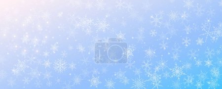 Téléchargez les illustrations : Flocons de neige hiver fond vectoriel de Noël. Ciel gelé bleu et blanc. Paysage de blizzard froid en pente - en licence libre de droit
