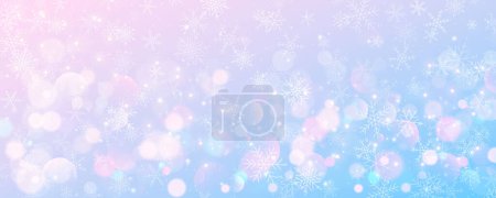 Téléchargez les illustrations : Noël fond neigeux. Ciel d'hiver bleu pastel rose froid. blizzard vecteur de glace sur la texture du gradient avec bokeh et flocons. Festive nouvelle année thème pour fond d'écran de vente de saison - en licence libre de droit