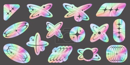 Illustration for Y2k holographic stickers set. Retro gradient foil shapes and futuristic labels. 2000s rave neon collection. Textured graphic space badges. Vector - Royalty Free Image