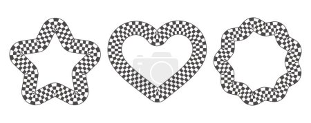 Checker border in star heart and flower shape. Circle frame with black and white chess squares. Y2k elements. Vector groovy set.