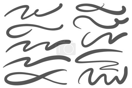 Líneas vectoriales Swoosh. Mano dibujada subrayado salpica con cola de remolino. Golpes de caligrafía. Squiggle rizado garabato ondulado. Dibujo florecer