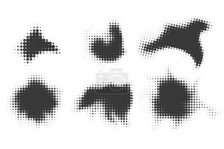 Halftone dotted shapes on white background. Vector paint blob with noisy effect. Abstract splatter stroke shapes. Vector illustration.