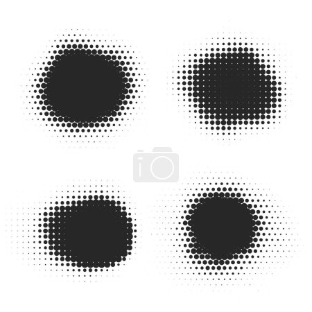 Formes pointillées demi-ton sur fond blanc. Tache de peinture vectorielle avec effet bruyant. Formes abstraites de cercles éclaboussures. Illustration vectorielle.
