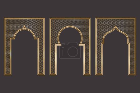 Ramadan Islamic arch frame with ornament. Vector Muslim traditional door illustration for wedding invitation post and templates. Golden frames in oriental style. Persian windows shapes set