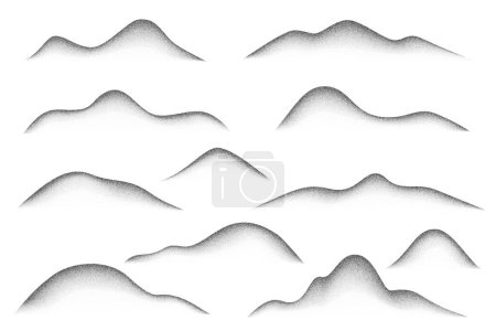 Laute körnige Berge mit sandigem Gefälle wirken isoliert auf weißem Hintergrund. Gepunktete schwarze abstrakte Vektortextur. Wavy Grunge Spray Abstufungen Formen. Vintage stipple Hügel Schatten. Dekorativ