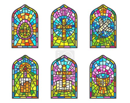 Church stained windows with religious Easter symbols. Christian mosaic glass arches set with cross dove cup and egg isolated on white background.