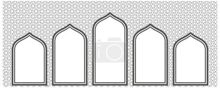 Ramadan windows on pattern wall. Doors and arches in arabic mosque. Arabesque ornament on white background. Interior decoration. Vector illustration.