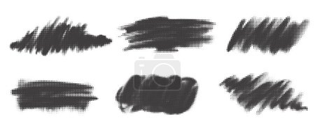 Halftone noisy gradient paint brush stroke. Dotted vector blobs. Abstract grunge elements isolated on white background