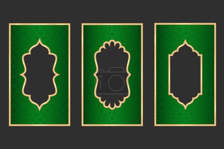Ramadan islamische Bogenrahmen mit Ornamenten. Vector Muslim traditionelle Tür Illustration für Hochzeitseinladungen Post und Vorlagen. Goldene und grüne Rahmen im orientalischen Stil. Persische Fensterformen gesetzt