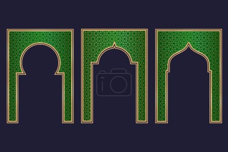 Ramadan islamische Bogenrahmen mit Ornamenten. Vector Muslim traditionelle Tür Illustration für Hochzeitseinladungen Post und Vorlagen. Goldene und grüne Rahmen im orientalischen Stil. Persische Fensterformen gesetzt