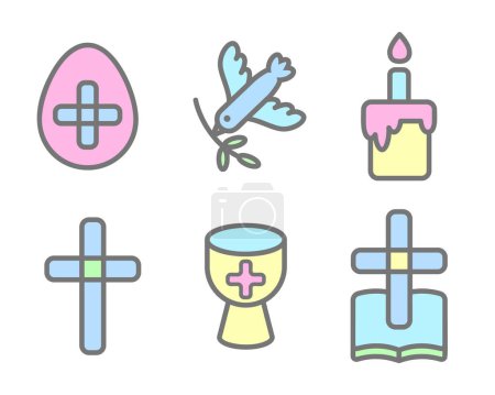 Ostervektorsymbole. Christlich-religiöse Umrisse Symbole der Kreuz-Bibel Kuchen Vogel und Tasse isoliert auf weißem Hintergrund. Piktogramme für den Frühlingsurlaub