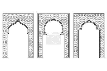 Islamischer Rahmen mit Bogen und Ornament. Ramadan-Tor auf geometrischem Hintergrund für die Gestaltung von Hochzeitseinladungen. Vektor orientalische Dekorationen Set