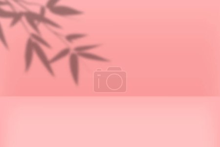 Illustration for Pink background. Empty studio room for product display. Floor, table and wall space. Pastel color gradient backdrop with bamboo leaves. Perspective platform for presentation. Vector illustration - Royalty Free Image