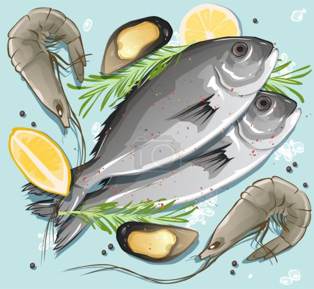 Foto de Delicias marinas. Pescado fresco, camarones, ostras. Ilustración vectorial. - Imagen libre de derechos