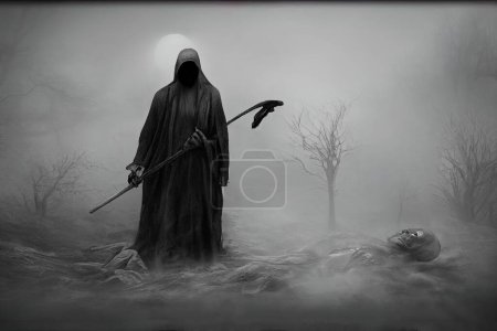 a illustration of grim reaper in the mist