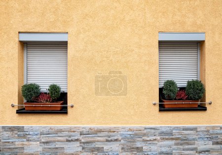 Téléchargez les photos : Fenêtre d'une maison avec stores fermés et plantes à la fenêtre - en image libre de droit