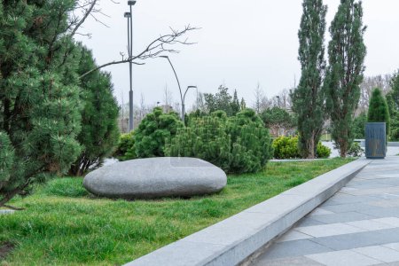 Application natural stone in landscape design. Lawn in garden with big stone and coniferous trees. Manicured green plants in gardening. View exterior scenery in public park. Example for designers.