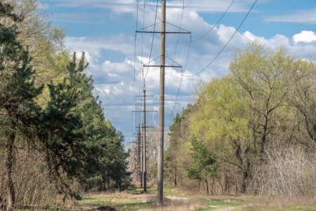 Electricity transmission towers and power lines in forest. High voltage pole on road. Energy concept of industry in countryside. Crisis and problems in energy sector. Communications and power supply.
