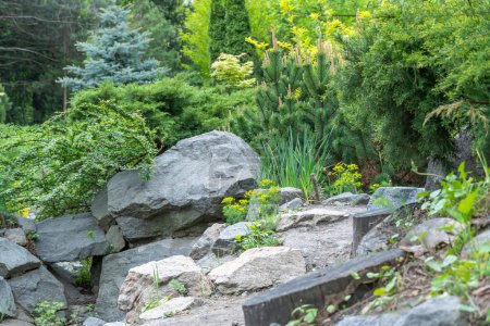Application natural stone in landscape design. Stone path in garden with bushes trees flowers. Beautiful manicured green plants in gardening. View exterior scenery in public park. Example designers.