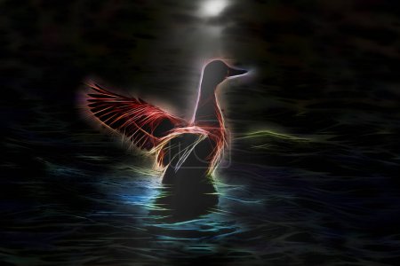 Photo for Duck emerging from water in moonshine reflection at night digitally modified photo - Royalty Free Image