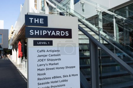 Vancouver, Canada - July 12, 2022: View of sign The Shipyards in North Vancouver