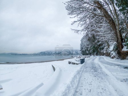 El malecón de Vancouver en Third Beach cubierto de nieve, mostrando un paisaje blanco sereno después de una fuerte tormenta de nieve