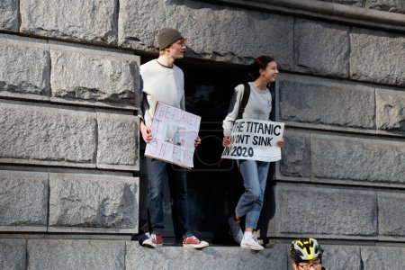 Photo for Vancouver, Canada - October 25,2019: Teens participating in a climate strike in front of the Vancouver Art Gallery - Royalty Free Image