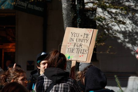 Photo for Vancouver, Canada - October 25,2019: Teens participating in a climate strike in front of the Vancouver Art Gallery - Royalty Free Image