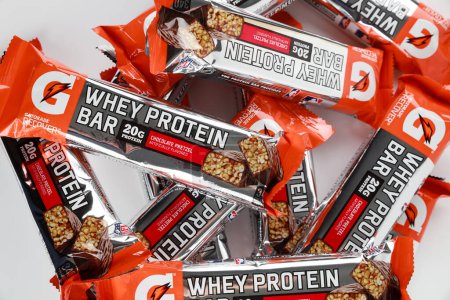 Photo for January 8, 2022. New York, USA. Chocolate whey protein bar with pretzels from Gatorade. - Royalty Free Image