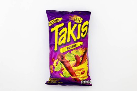 Photo for February 3, 2023. Spartanburg, SC USA. Takis Fuego hot chili pepper and lime rolled tortilla chips - Royalty Free Image