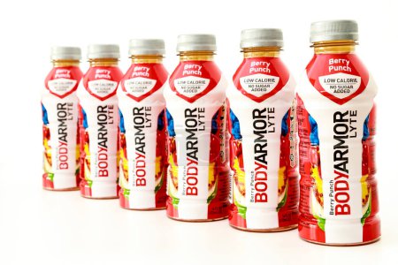 Photo for February 3, 2023. Spartanburg, SC USA. Bottles of Berry Punch Bodyarmor sports drink. - Royalty Free Image