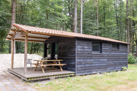 Winzige nachhaltige Holzhäuser zur Miete im Wald in Odoorn in der Provinz Drenthe in den Niederlanden