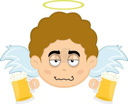 Illustration for Vector illustration of the face of a drunk cartoon angel with glasses of beer in his hands - Royalty Free Image