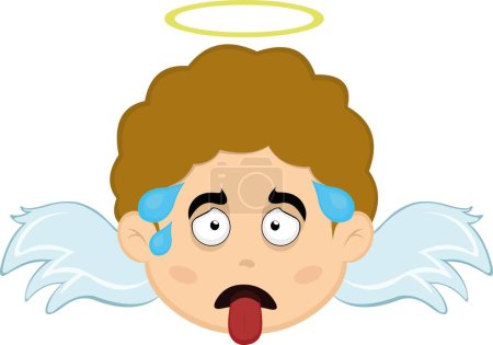 Ilustración de Ilustración vectorial de la cara de un ángel de dibujos animados exhausto, con la lengua fuera y gotas de sudor en la cabeza - Imagen libre de derechos