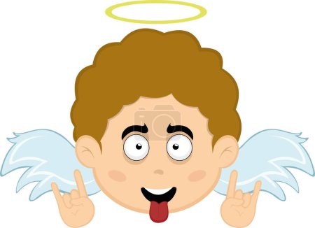 Illustration for Vector illustration of the face of a cartoon angel boy with a happy expression, making the classic heavy metal gesture with his hands and tongue out - Royalty Free Image