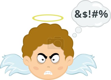 Illustration for Vector illustration of the face of a cartoon angel boy with an angry expression and a thought cloud with an insult text - Royalty Free Image