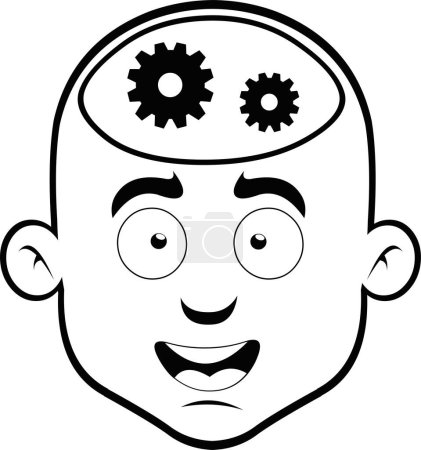 Ilustración de Ilustración vectorial de la cara de un personaje de dibujos animados masculino con engranajes en la cabeza, dibujado en blanco y negro. En el pensamiento del hombre concepto - Imagen libre de derechos