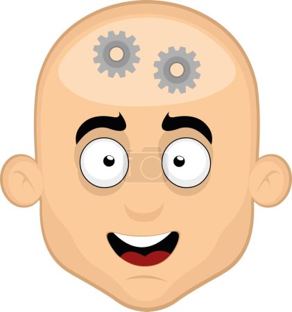 Ilustración de Ilustración vectorial de la cara de un personaje calvo de dibujos animados con engranajes en la cabeza, en concepto de pensamiento del hombre - Imagen libre de derechos