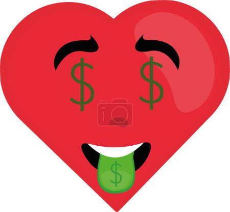 Téléchargez les illustrations : Illustration vectorielle d'un personnage de dessin animé d'un cœur avec le signe dollar dans les yeux et la langue - en licence libre de droit