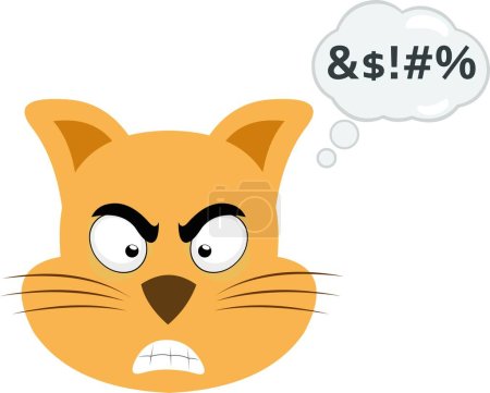 Téléchargez les illustrations : Illustration vectorielle du visage d'un chat de dessin animé avec une expression en colère et un nuage de pensée avec un texte insultant - en licence libre de droit