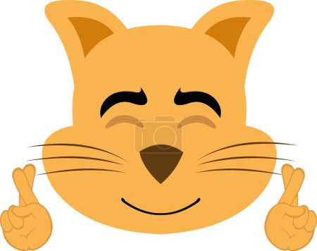 Téléchargez les illustrations : Illustration vectorielle du visage d'un chat dessin animé avec une expression joyeuse, croisant les doigts des mains. Bonne chance ou faire un vœu - en licence libre de droit