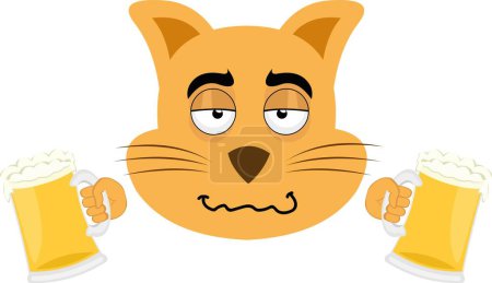 Illustration for Vector illustration of the face of a drunk cartoon cat with beers in his hands - Royalty Free Image
