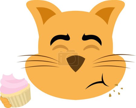 Ilustración de Ilustración vectorial de la cara de un gato de dibujos animados comiendo una magdalena o magdalena - Imagen libre de derechos