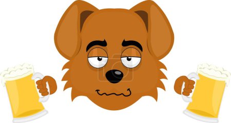 Illustration for Vector illustration of the face of a drunk cartoon dog with beers in his hands - Royalty Free Image