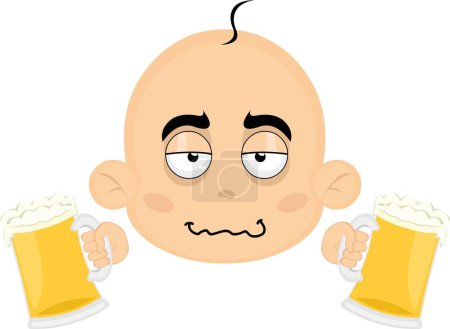 Illustration for Vector illustration of the face of a drunk cartoon baby with beers in his hands ... - Royalty Free Image