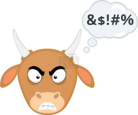 Illustration for Vector illustration face of a cow cartoon with an expression of anger and a cloud thought with an insilto text - Royalty Free Image