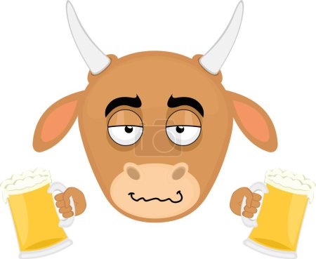 Téléchargez les illustrations : Vector illustration face of a cow cartoon drunk with beers in her hands - en licence libre de droit