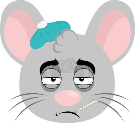 Téléchargez les illustrations : Illustration vectorielle visage d'une souris de dessin animé malade, avec un thermomètre dans la bouche et un sac d'eau sur la tête - en licence libre de droit
