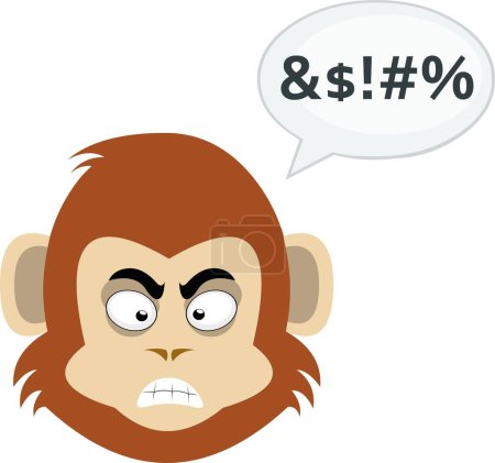 Illustration for Vector illustration face of a cartoon monkey with an angry expression, with a speech bubble with an insult text - Royalty Free Image