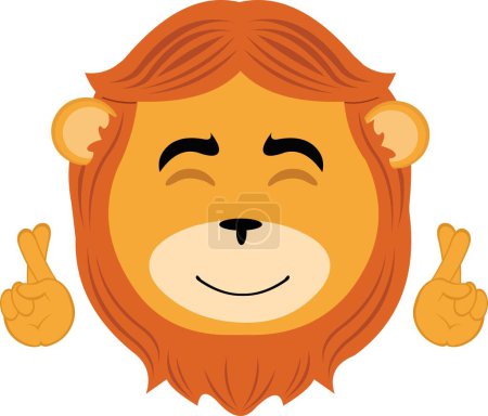 Téléchargez les illustrations : Illustration vectorielle visage d'un lion animal dessin animé croisant les doigts mains, demandant un souhait ou bonne chance - en licence libre de droit